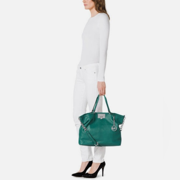 Michael Kors Handbags - Michael Kors Channing Aqua Green Soft Leather Silver Chain MK Logo Hardware Tote